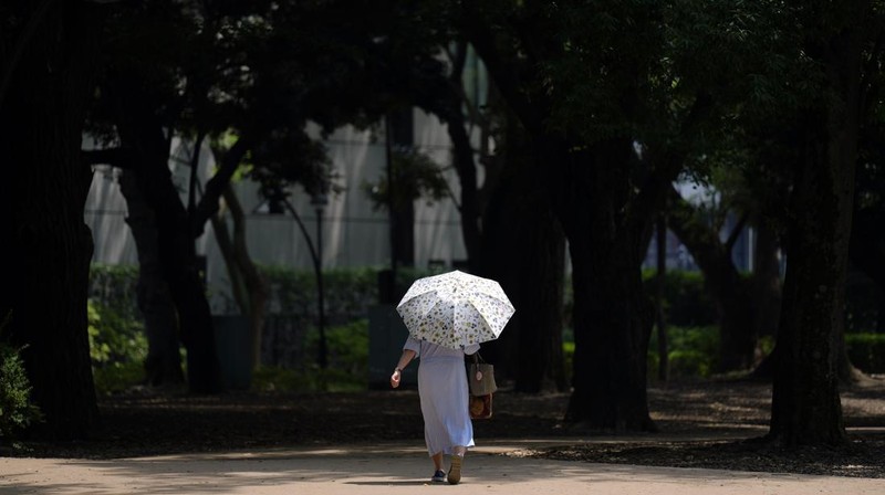 Orang-orang yang memegang payung duduk di bangku di bawah terik matahari di sebuah taman di Tokyo, Senin, 8 Juli 2024. Cuaca panas pada hari Senin telah terjadi dengan suhu meningkat lebih dari 35 derajat Celcius (95 derajat Fahrenheit) di Tokyo, menurut Jepang Badan Meteorologi. (AP Photo/Eugene Hoshiko)