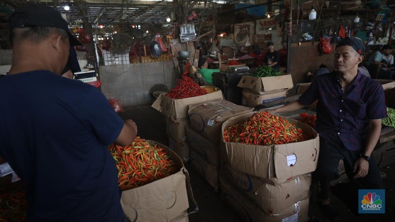Penjualan cabai rawit merah besar di Pasar Kramat Jati, Jakarta, Selasa (9/7/2024). (CNBC Indonesia/Tri Susilo)