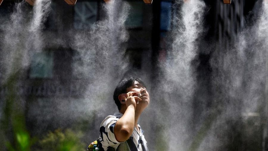 Pengjung saat cuaca panas Taman Kasai Rinkai, Tokyo, Jepang, Selasa (9/7/2024). (AP Photo/Eugene Hoshiko)