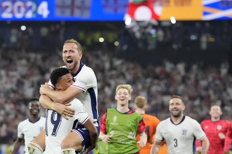 Inggris kalahkan Belanda dengan skor 2-1 pada babak semi-final Piala Eropa 2024 di Signal Iduna Park, Dormund, Jerman. Kamis (11/7/2024) dini hari. (AP Photo/Martin Meissner)