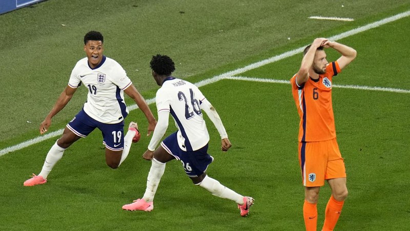 Inggris kalahkan Belanda dengan skor 2-1 pada babak semi-final Piala Eropa 2024 di Signal Iduna Park, Dormund, Jerman. Kamis (11/7/2024) dini hari. (AP Photo/Martin Meissner)