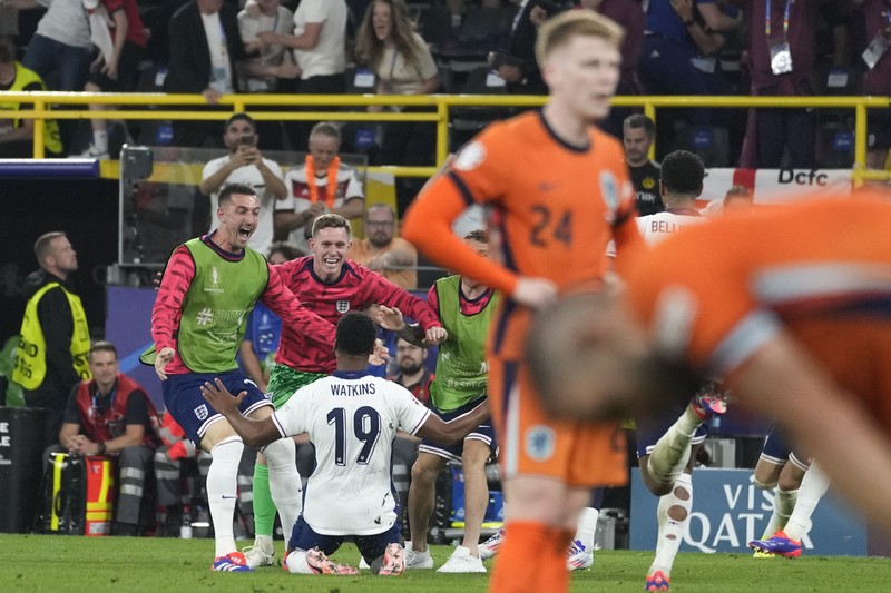 Inggris kalahkan Belanda dengan skor 2-1 pada babak semi-final Piala Eropa 2024 di Signal Iduna Park, Dormund, Jerman. Kamis (11/7/2024) dini hari. (AP Photo/Martin Meissner)