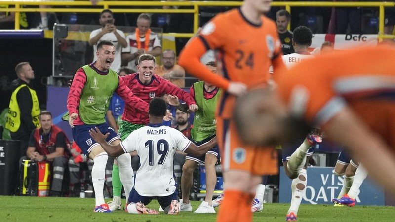 Inggris kalahkan Belanda dengan skor 2-1 pada babak semi-final Piala Eropa 2024 di Signal Iduna Park, Dormund, Jerman. Kamis (11/7/2024) dini hari. (AP Photo/Martin Meissner)