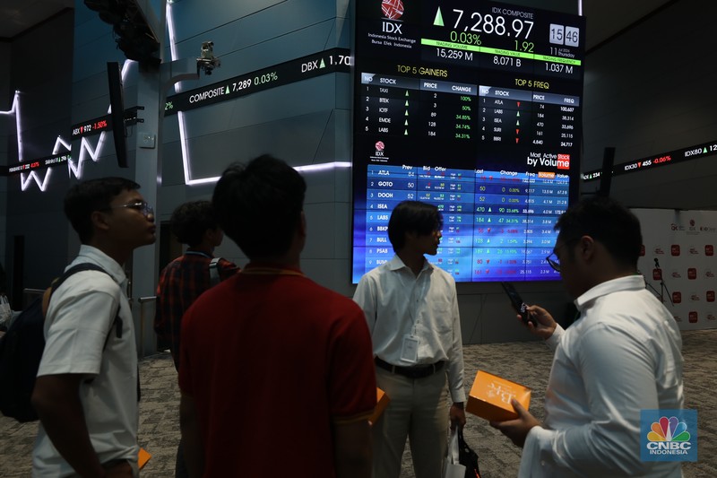 Karyawan berdiri dengan latar belakang layar digital pergerakan Indeks Harga Saham Gabungan (IHSG) di Bursa Efek Indonesia, Jakarta, Kamis (11/7/2024). Karyawan berdiri dengan latar belakang layar digital pergerakan Indeks Harga Saham Gabungan (IHSG) di Bursa Efek Indonesia, Jakarta, Kamis (11/7/2024). (CNBC Indonesia/Tri Susilo)