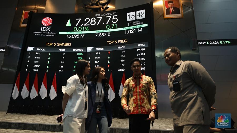Karyawan berdiri dengan latar belakang layar digital pergerakan Indeks Harga Saham Gabungan (IHSG) di Bursa Efek Indonesia, Jakarta, Kamis (11/7/2024). (CNBC Indonesia/Tri Susilo)
