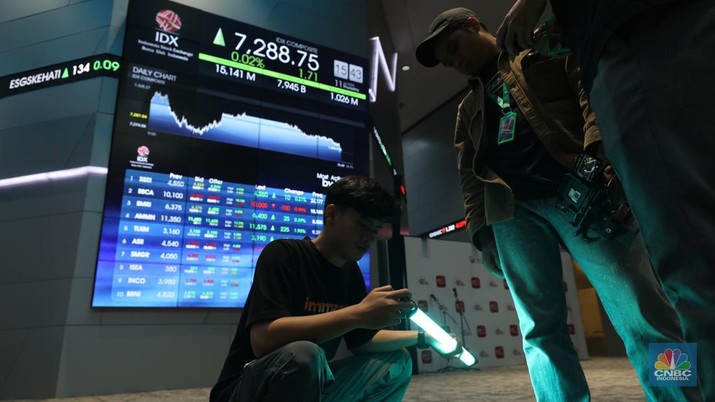 Karyawan berdiri dengan latar belakang layar digital pergerakan Indeks Harga Saham Gabungan (IHSG) di Bursa Efek Indonesia, Jakarta, Kamis (11/7/2024). (CNBC Indonesia/Tri Susilo)