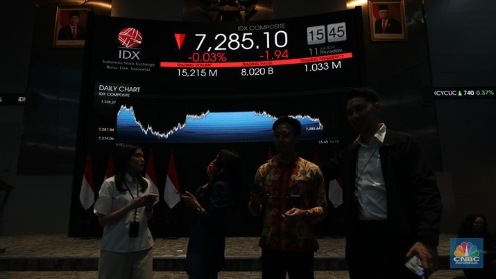 Karyawan berdiri dengan latarbelakang layar digital pergerakan Indeks Harga Saham Gabungan (IHSG) di Bursa Efek Indonesia, Jakarta, Kamis (11/7/2024). (CNBC Indonesia/Tri Susilo)