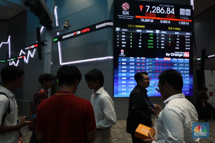 Karyawan berdiri dengan latarbelakang layar digital pergerakan Indeks Harga Saham Gabungan (IHSG) di Bursa Efek Indonesia, Jakarta, Kamis (11/7/2024).