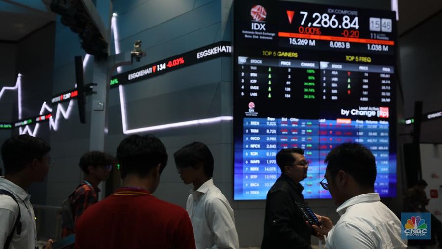 Karyawan berdiri dengan latarbelakang layar digital pergerakan Indeks Harga Saham Gabungan (IHSG) di Bursa Efek Indonesia, Jakarta, Kamis (11/7/2024). (CNBC Indonesia/Tri Susilo)