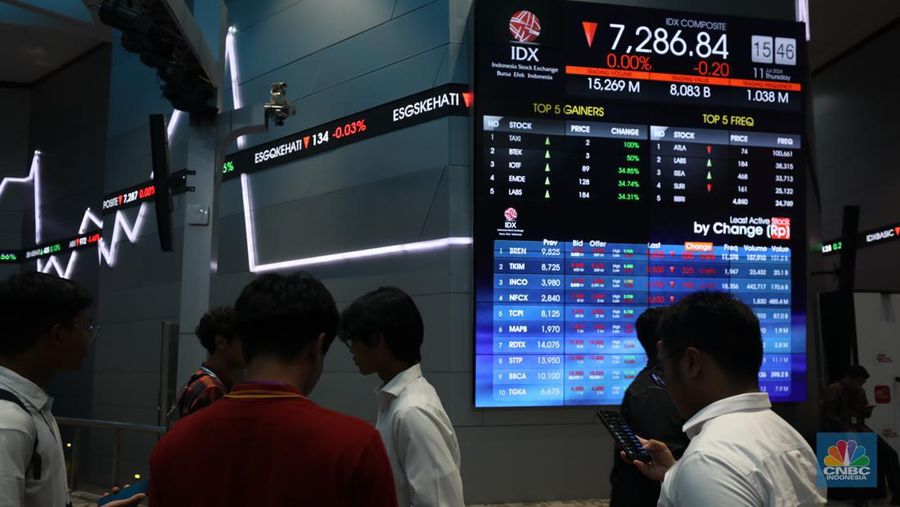Karyawan berdiri dengan latarbelakang layar digital pergerakan Indeks Harga Saham Gabungan (IHSG) di Bursa Efek Indonesia, Jakarta, Kamis (11/7/2024). (CNBC Indonesia/Tri Susilo)