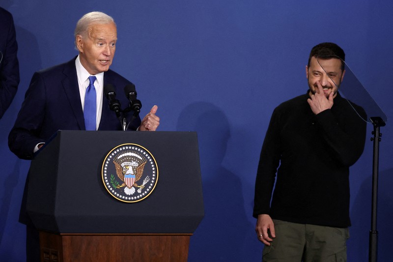 Presiden Amerika Serikat (AS) Joe Biden berbicara pada upacara penutupan peringatan 75 tahun NATO di Washington DC, AS, Kamis (11/7/2024). (Stefan Rousseau/Pool via REUTERS) Presiden Amerika Serikat (AS) Joe Biden berbicara pada upacara penutupan peringatan 75 tahun NATO di Washington DC, AS, Kamis (11/7/2024). (Stefan Rousseau/Pool via REUTERS)