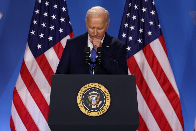 Presiden Amerika Serikat (AS) Joe Biden berbicara pada upacara penutupan peringatan 75 tahun NATO di Washington DC, AS, Kamis (11/7/2024). (Stefan Rousseau/Pool via REUTERS) Presiden Amerika Serikat (AS) Joe Biden berbicara pada upacara penutupan peringatan 75 tahun NATO di Washington DC, AS, Kamis (11/7/2024). (Stefan Rousseau/Pool via REUTERS)