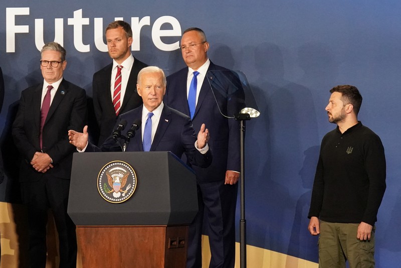 Presiden Amerika Serikat (AS) Joe Biden berbicara pada upacara penutupan peringatan 75 tahun NATO di Washington DC, AS, Kamis (11/7/2024). (Stefan Rousseau/Pool via REUTERS) Presiden Amerika Serikat (AS) Joe Biden berbicara pada upacara penutupan peringatan 75 tahun NATO di Washington DC, AS, Kamis (11/7/2024). (Stefan Rousseau/Pool via REUTERS)