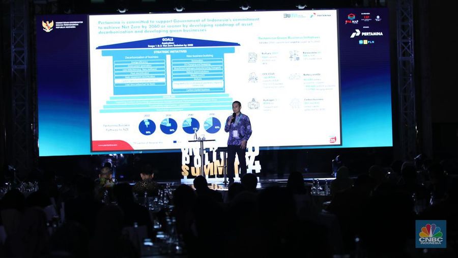 Senior Vice President Business Development PT. Pertamina,  Wisnu M. Santoso dalam acara ONE MAP POLICY SUMMIT 2024 “Powering Spatial Thinking Development in The Era of Transition” (Hari ke-2) di Jakarta, Jumat (12/7/2024). (CNBC Indonesia/Tri Susilo)
