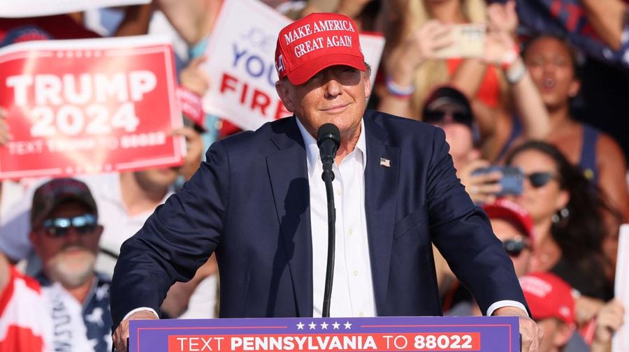 Republican presidential candidate and former U.S. President Donald Trump attends a campaign rally at the Butler Farm Show in Butler, Pennsylvania, U.S., July 13, 2024. REUTERS/Brendan McDermid