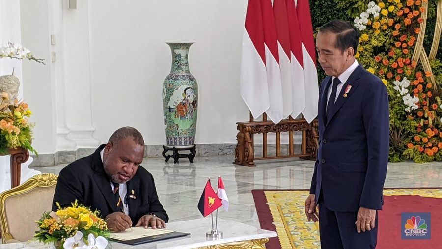 Presiden Joko Widodo (Jokowi) menyambut kunjungan kenegaraan Perdana Menteri Papua Nugini James Marape di Istana Kepresidenan, Bogor, Senin (15/7/2024).  (CNBC Indonesia/Emir Yanwardhana)