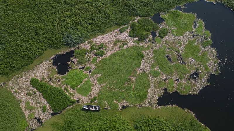 Foto udara menampilkan ribuan ikan mati akibat air yang terkontaminasi di Sungai Piracicaba, kawasan lindung Tanqua, Sao Paulo, Brasil, Kamis (18/7/2024). (REUTERS/Jorge Silva)