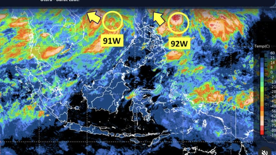 Bibit Siklon Tropis 91W terpantau di Laut Cina Selatan dengan kecepatan angin maksimum 30 knots dan tekanan udara minimum 1004.0 hPa bergerak ke arah Barat laut. (BMKG)