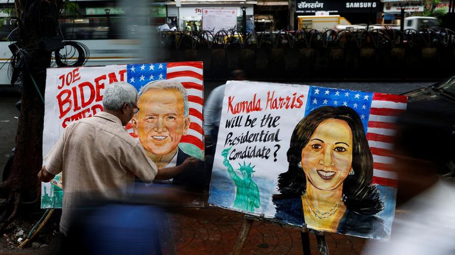 Indian art teacher Prithvi Raj Kambli, makes painting of US. Vice President Kamala Harris, in Mumbai, India, Monday, July 22, 2024. (AP Photo/Rafiq Maqbool)