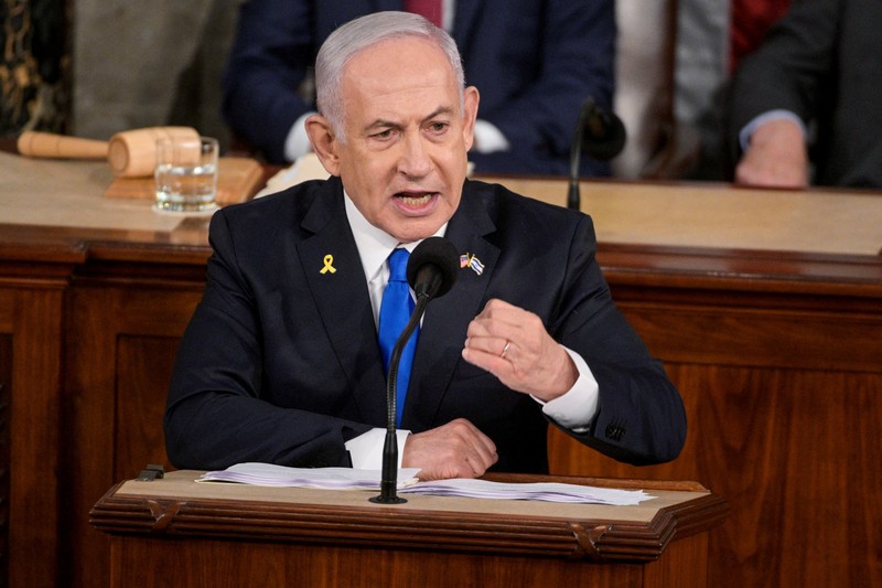 ISRAEL-PALESTINIANS/USA-NETANYAHU Israeli Prime Minister Benjamin Netanyahu addresses a joint meeting of Congress at the U.S. Capitol in Washington, U.S., July 24, 2024. REUTERS/Kevin Mohatt