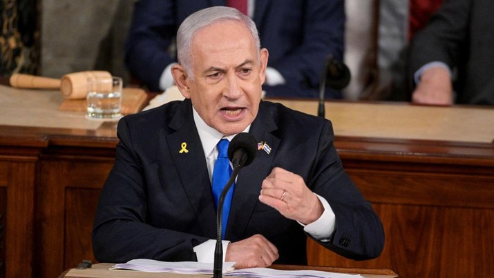 Israeli Prime Minister Benjamin Netanyahu addresses a joint meeting of Congress at the U.S. Capitol in Washington, U.S., July 24, 2024. REUTERS/Craig Hudson