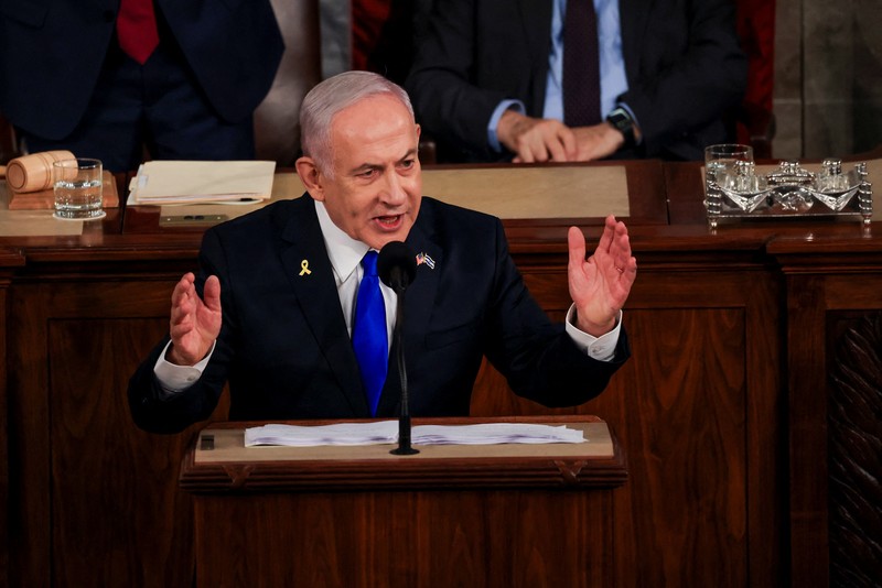 ISRAEL-PALESTINIANS/USA-NETANYAHU Israeli Prime Minister Benjamin Netanyahu addresses a joint meeting of Congress at the U.S. Capitol in Washington, U.S., July 24, 2024. REUTERS/Kevin Mohatt