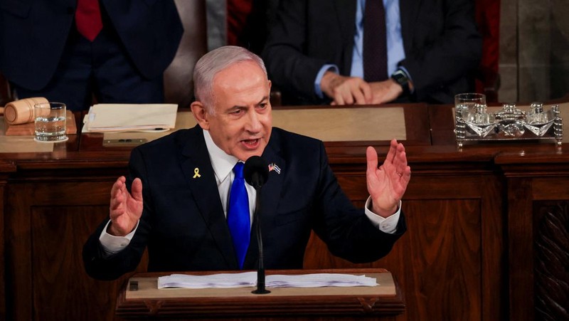 Israeli Prime Minister Benjamin Netanyahu addresses a joint meeting of Congress at the U.S. Capitol in Washington, U.S., July 24, 2024. REUTERS/Kevin Mohatt