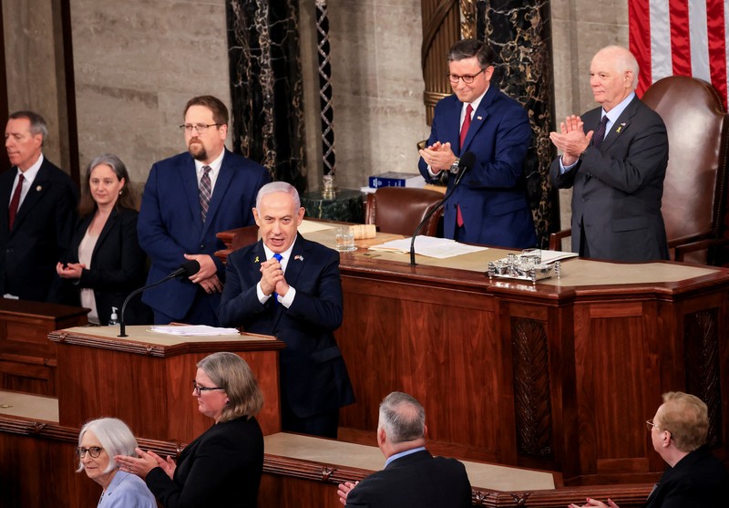 Israeli Prime Minister Benjamin Netanyahu addresses a joint meeting of Congress at the U.S. Capitol in Washington, U.S., July 24, 2024. REUTERS/Kevin Mohatt