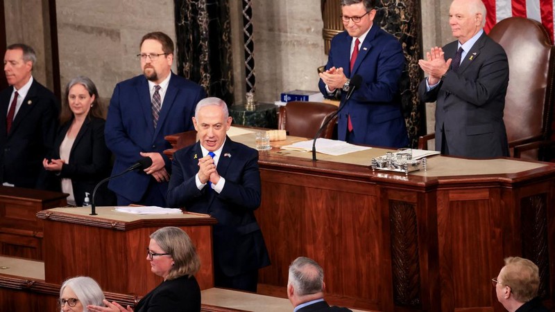 Israeli Prime Minister Benjamin Netanyahu addresses a joint meeting of Congress at the U.S. Capitol in Washington, U.S., July 24, 2024. REUTERS/Kevin Mohatt