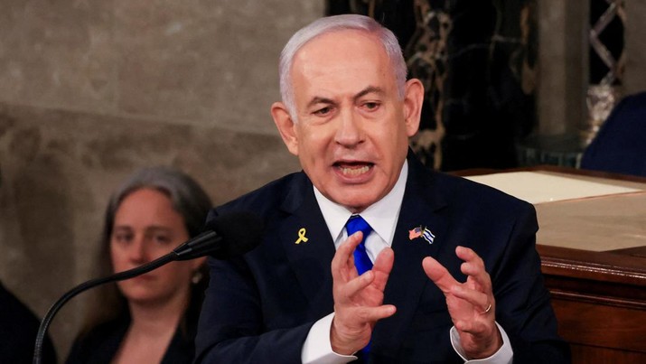 Israeli Prime Minister Benjamin Netanyahu addresses a joint meeting of Congress at the U.S. Capitol in Washington, U.S., July 24, 2024. REUTERS/Kevin Mohatt
