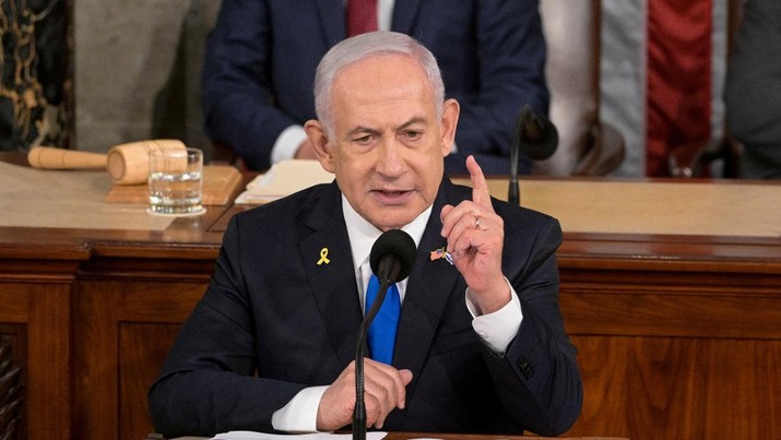 Perdana Menteri Israel Benjamin Netanyahu berpidato pada pertemuan gabungan Kongres di US Capitol di Washington, AS, 24 Juli 2024. (REUTERS/Craig Hudson)