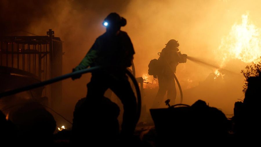 A firefighter works as Park Fire burns near Chico, California, U.S. July 24, 2024.  REUTERS/Fred Greaves