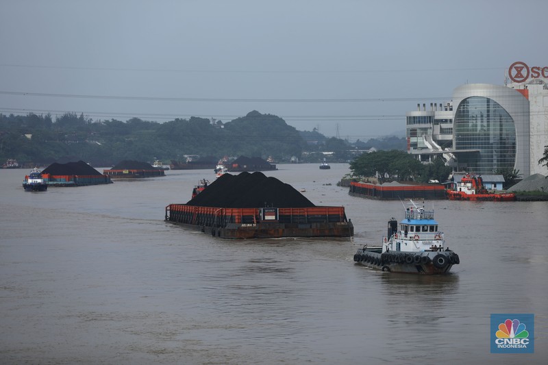 Sejumlah perahu tongkang batu bara melintas di Sungai Mahakam, Kota Samarinda, Kalimantan Timur, Rabu (24/7/2024). Sungai Mahakam berfungsi sebagai jalur pengangkutan batu bara. Setiap hari di sungai ini dipadati tongkang yang membawa muatan batu bara. (CNBC Indonesia/Tri Susilo) Sejumlah perahu tongkang batu bara melintas di Sungai Mahakam, Kota Samarinda, Kalimantan Timur, Rabu (24/7/2024). Sungai Mahakam berfungsi sebagai jalur pengangkutan batu bara. Setiap hari di sungai ini dipadati tongkang yang membawa muatan batu bara. (CNBC Indonesia/Tri Susilo)