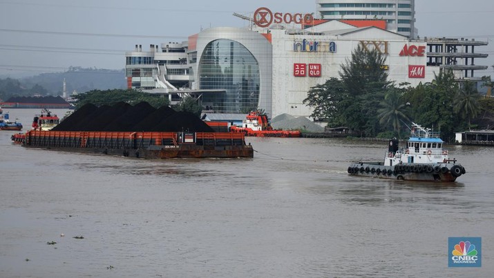 Sejumlah perahu tongkang batu bara melintas di Sungai Mahakam, Kota Samarinda, Kalimantan Timur, Rabu (24/7/2024). Sungai Mahakam berfungsi sebagai jalur pengangkutan batu bara. Setiap hari di sungai ini dipadati tongkang yang membawa muatan batu bara. (CNBC Indonesia/Tri Susilo)