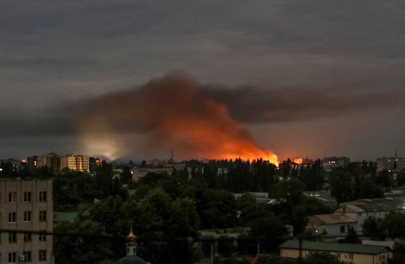 A view shows an explosion of shot down Russian drone, amid Russia's attack on Ukraine, in Kherson, Ukraine July 26, 2024. REUTERS/Stringer     TPX IMAGES OF THE DAY
