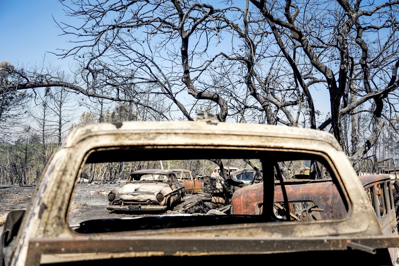 Kendaraan yang terbakar akibat Kebakaran Park Fire berjejer di halaman komunitas Cohasset di Butte County, California, Amerika Serikat (AS). (AP Photo/Noah Berger) Kendaraan yang terbakar akibat Kebakaran Park Fire berjejer di halaman komunitas Cohasset di Butte County, California, Amerika Serikat (AS). (AP Photo/Noah Berger)