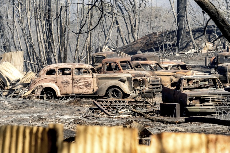 Kendaraan yang terbakar akibat Kebakaran Park Fire berjejer di halaman komunitas Cohasset di Butte County, California, Amerika Serikat (AS). (AP Photo/Noah Berger) Kendaraan yang terbakar akibat Kebakaran Park Fire berjejer di halaman komunitas Cohasset di Butte County, California, Amerika Serikat (AS). (AP Photo/Noah Berger)
