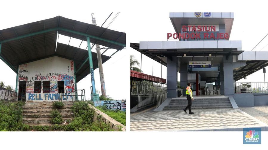 Foto kombinasi suasana stasiun Pondok Rajeg yang tidak aktif pada tahun 2019 (kiri) dan suasana setelah di renovasi (kanan) pada, Senin (29/7/2024. (CNBC Indonesia/Muhammad Sabki)
