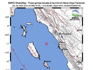 Gempa M 3,8 Terjadi di Pariaman Sumbar
