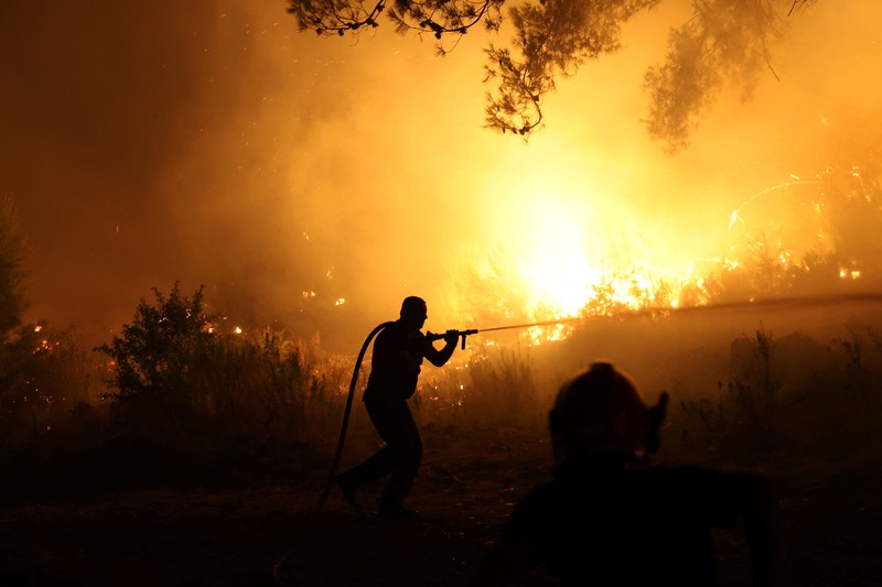 Kebakaran hutan di Shengjin, Albania, Selasa (30/7/2024). (REUTERS/Florion Goga)