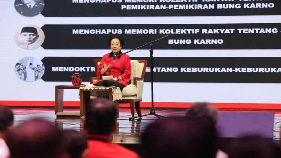 Megawati Soekarnoputri dalam Musyawarah Kerja Nasional (Mukernas) Partai Persatuan Indonesia (Perindo) di Inews Tower, Jakarta, Selasa (30/7/2024). (Dok. PDIP)