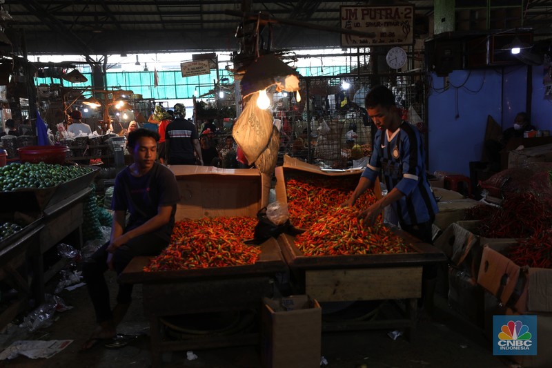 Sejumlah pekerja memilah cabai rawit merah di pasar Kramat Jati, Jakarta, Kamis (1/8/2024). Sejumlah pekerja memilah cabai rawit merah di pasar Kramat Jati, Jakarta, Kamis (1/8/2024). (CNBC Indonesia/Tri Susilo)
