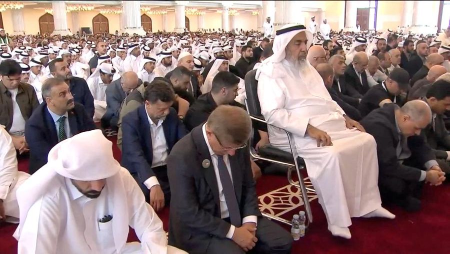 People attend the funeral of assassinated Hamas chief Ismail Haniyeh at Imam Muhammad ibn Abd al-Wahhab Mosque, on the day of his burial, in Doha, Qatar, August 2, 2024, in this screengrab taken from video. Qatar TV via REUTERS THIS IMAGE HAS BEEN SUPPLIED BY A THIRD PARTY