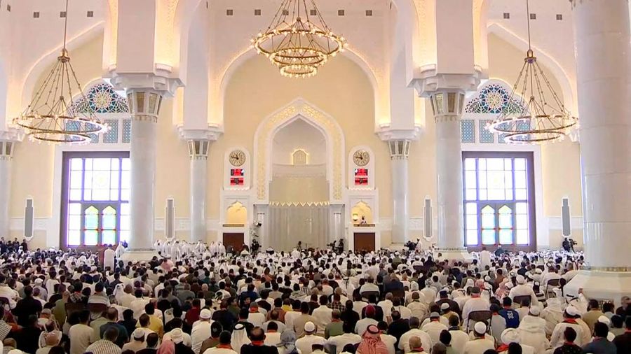 People attend the funeral of assassinated Hamas chief Ismail Haniyeh at Imam Muhammad ibn Abd al-Wahhab Mosque, on the day of his burial, in Doha, Qatar, August 2, 2024, in this screengrab taken from video. Qatar TV via REUTERS THIS IMAGE HAS BEEN SUPPLIED BY A THIRD PARTY