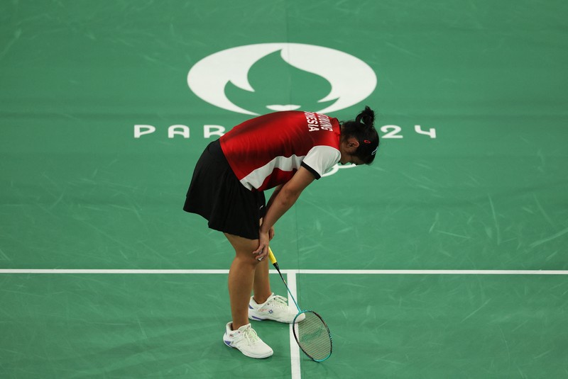 Gregoria Mariska Tunjung dari Indonesia bereaksi saat bermain melawan An Se-young dari Korea Selatan selama pertandingan semifinal bulu tangkis tunggal putri di Olimpiade Musim Panas 2024, Minggu, 4 Agustus 2024, di Paris, Prancis. Gregoria Mariska Tunjung dari Indonesia bereaksi saat bermain melawan An Se-young dari Korea Selatan selama pertandingan semifinal bulu tangkis tunggal putri di Olimpiade Musim Panas 2024, Minggu, 4 Agustus 2024, di Paris, Prancis. (AP Photo/Kin Cheung)