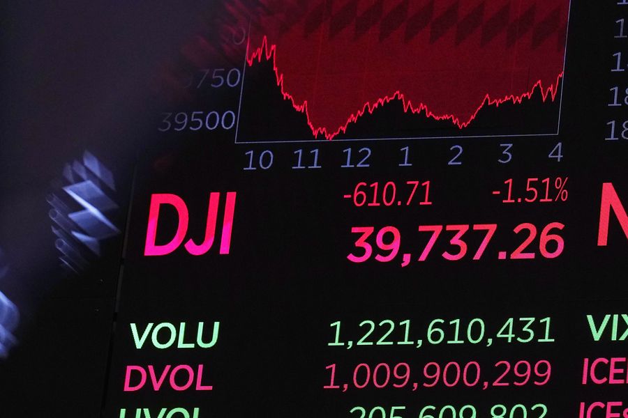 Papan di atas lantai perdagangan menunjukkan angka penutupan indeks industri Dow Jones di Bursa Efek New York, Jumat, 2 Agustus 2024. Saham anjlok pada hari Jumat karena kekhawatiran ekonomi AS dapat terpuruk akibat beban suku bunga tinggi yang dimaksudkan untuk menekan inflasi. (AP/Richard Drew)