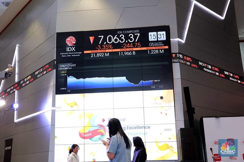 Pengunjung melintas di depan layar pergerakan saham di Bursa Efek Indonesia, Jakarta, Senin (5/8/2024). Koreksi Indeks Harga Saham Gabungan (IHSG) terpantau sudah mencapai 4% pada perdagangan sesi II. (CNBC Indonesia/Muhammad Sabki) Pengunjung melintas di depan layar pergerakan saham di Bursa Efek Indonesia, Jakarta, Senin (5/8/2024). Koreksi Indeks Harga Saham Gabungan (IHSG) terpantau sudah mencapai 4% pada perdagangan sesi II. (CNBC Indonesia/Muhammad Sabki)