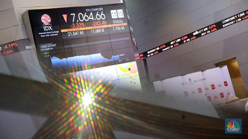 Pengunjung melintas di depan layar pergerakan saham di Bursa Efek Indonesia, Jakarta, Senin (5/8/2024). Koreksi Indeks Harga Saham Gabungan (IHSG) terpantau sudah mencapai 4% pada perdagangan sesi II. (վ/Muhammad Sabki)