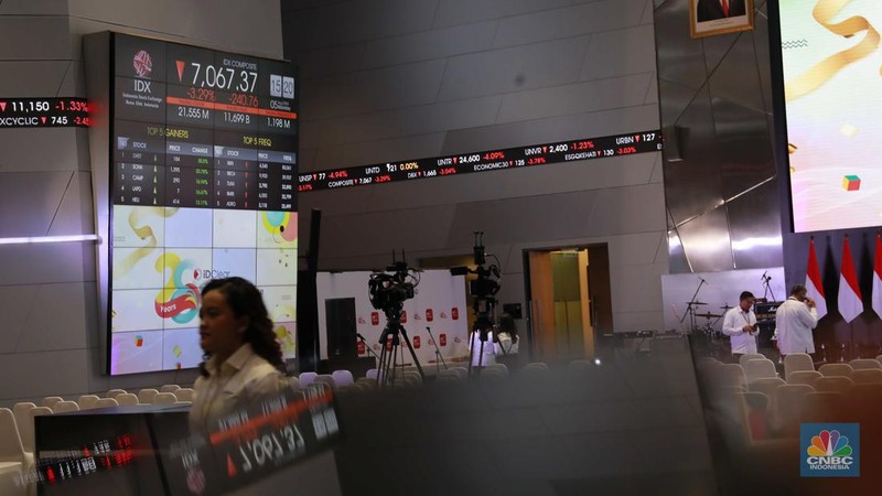 Pengunjung melintas di depan layar pergerakan saham di Bursa Efek Indonesia, Jakarta, Senin (5/8/2024). Koreksi Indeks Harga Saham Gabungan (IHSG) terpantau sudah mencapai 4% pada perdagangan sesi II. (վ/Muhammad Sabki)