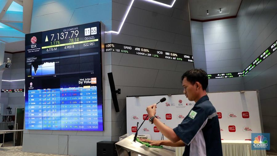 Pegawai berjalan dibawah layar pergerakan Indeks Harga Saham Gabungan (IHSG) di Bursa Efek Indonesia (BEI), Jakarta, Selasa (6/8/2024). (CNBC Indonesia/Muhammad Sabki)